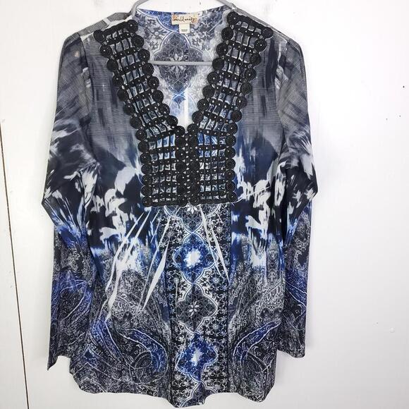 World Unity Top WOmens L Embroidered Neckline Studded Artsy Dyed Dark Colors - Picture 1 of 11